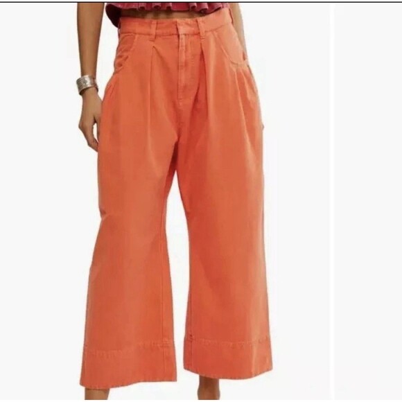 Free People Sweet Talk Wide Leg Crop Chino Pants Womens Sz 10 Sun Faded Orange